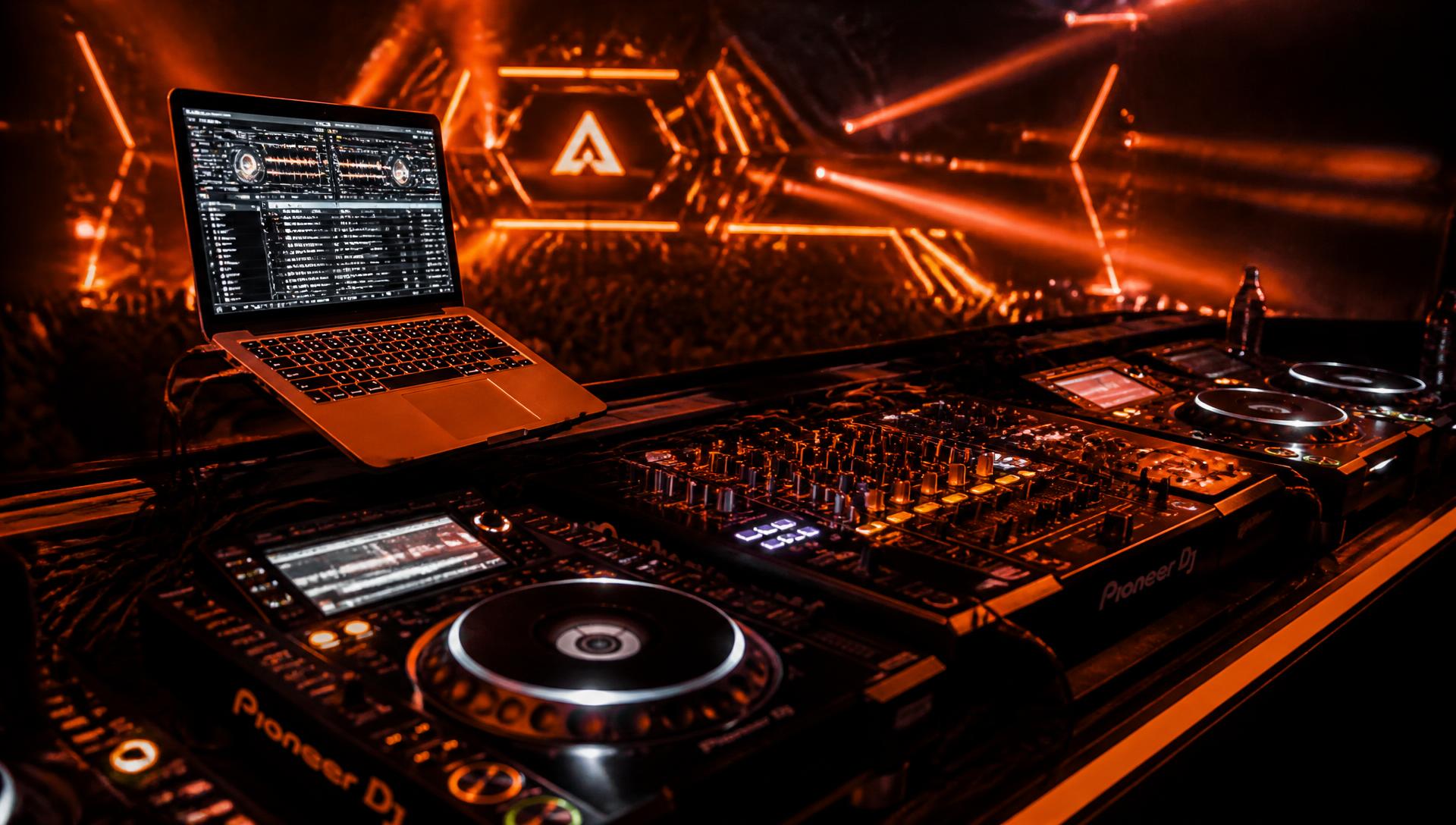 Professional DJ setup with orange stage lighting